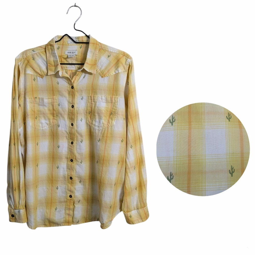 Ariat Woman Billie Jean Long Sleeve Shirt Button Down Yellow Cactus Plaid XL